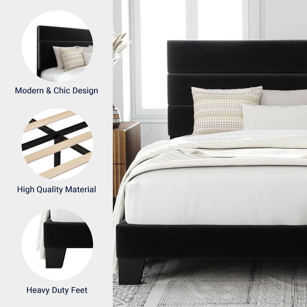 Full Platform Bed Frame with Velvet Upholstered Headboard and Wooden Slats Support