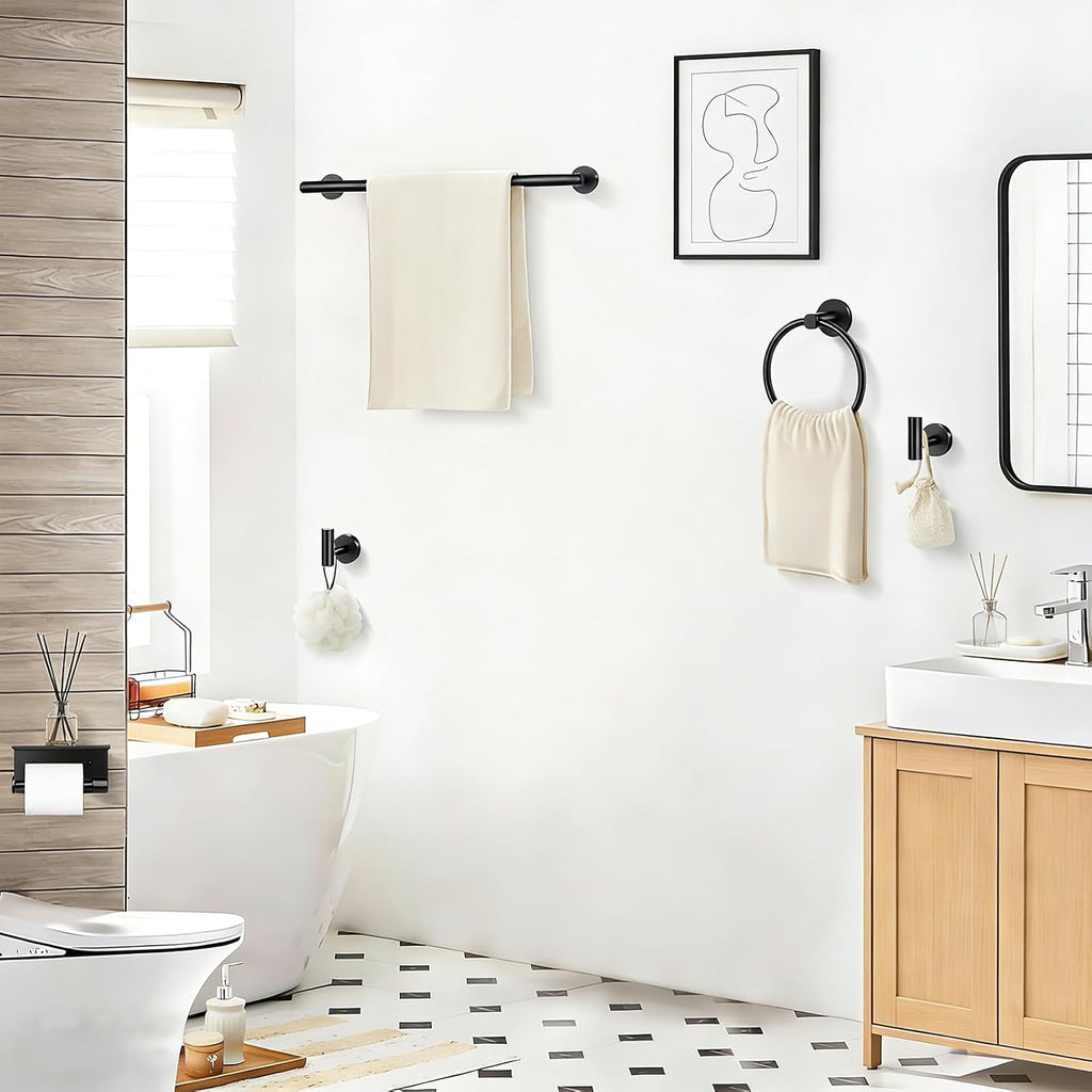 5-Piece Bathroom Hardware Set, Matte Black Bathroom Accessories Set with 24" Towel Bar, Toilet Paper Holder with