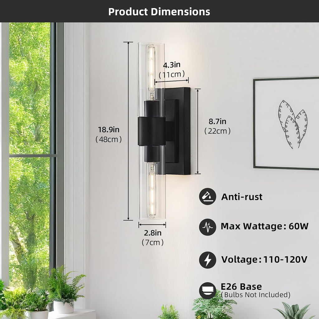 Black Wall Sconces Set of Two,Modern Bathroom Light Fixtures,2-Light Sconces Wall Lighting with Thickened Tempered