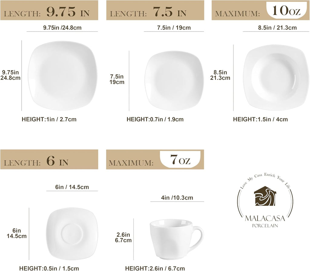 30 Piece Porcelain Dinnerware Set, Grey White Dish Set for 6, Square Ceramic Dishware Sets