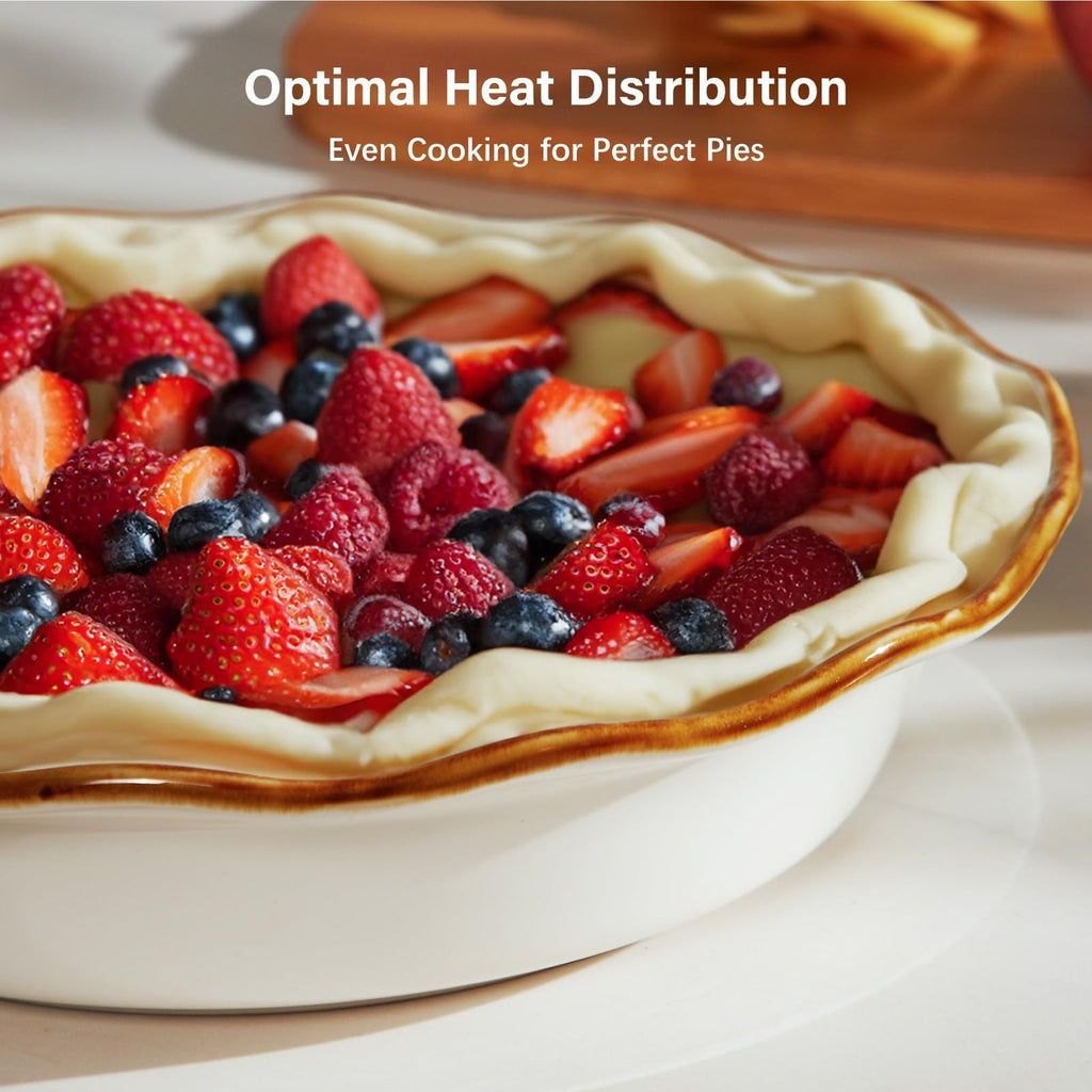 9 Inch Ceramic Pie Pan, Fluted Baking Dish with Brown Glaze Rim, Oven Safe