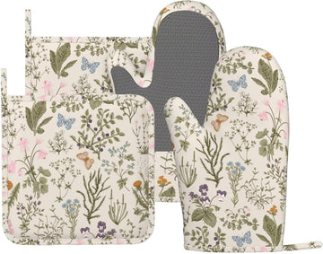 Vintage Wildflower Herbs Floral Rustic Butterfly Oven Mitts Pot Holders Set Silicone Kitchen Gloves Potholders