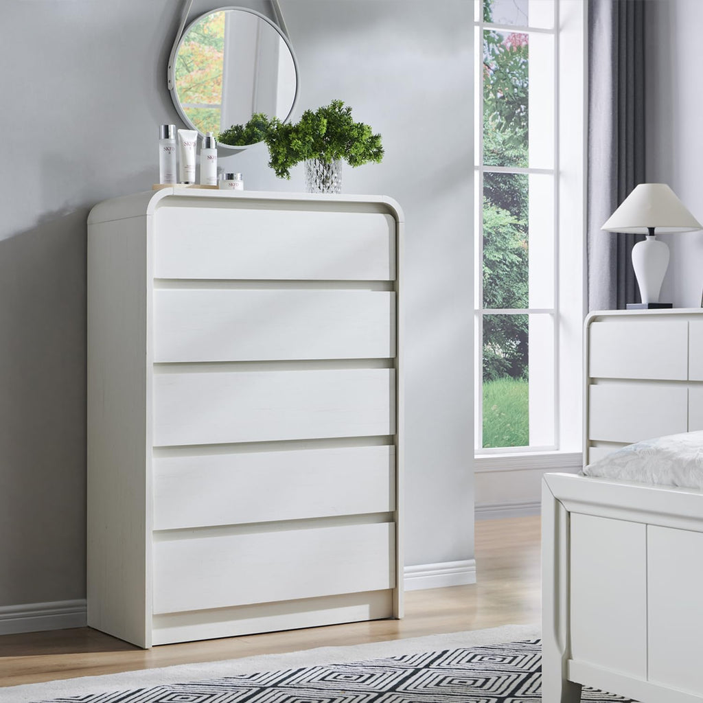 Modern 5 Drawers Dresser , 45" Tall Dressers & Chests of Drawers w/Curved Profile Design, Wood Mid Century Vertical