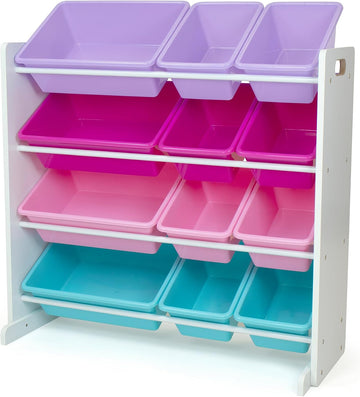 Kids Toy Organizer with 12 Bins, 4 Tier Storage | Sturdy wood and steel toddler shelf, removable BPA-free containers