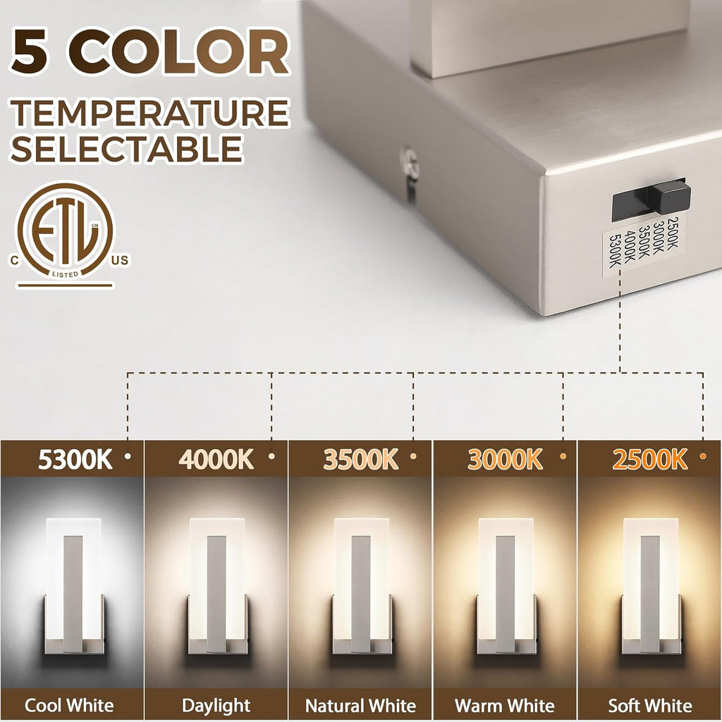 Modern LED Wall Sconces, Set of Two, 5CCT Dimmable Hardwired Wall Mounted Lights, 9.76 Inch Brushed Nickel Indoor