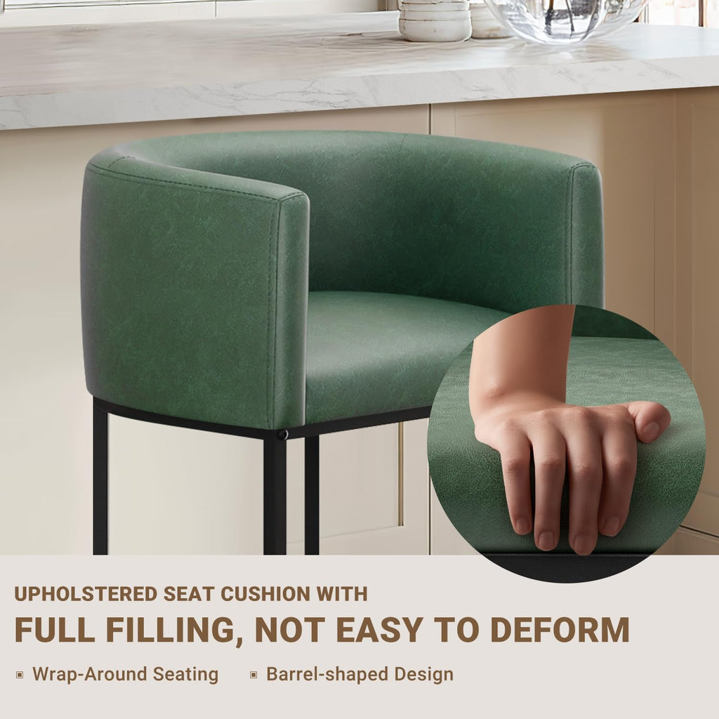 26" H Counter Height Bar Stools Set of 4, Modern Barrel Counter Stools with Backrest and Arms, Faux Leather