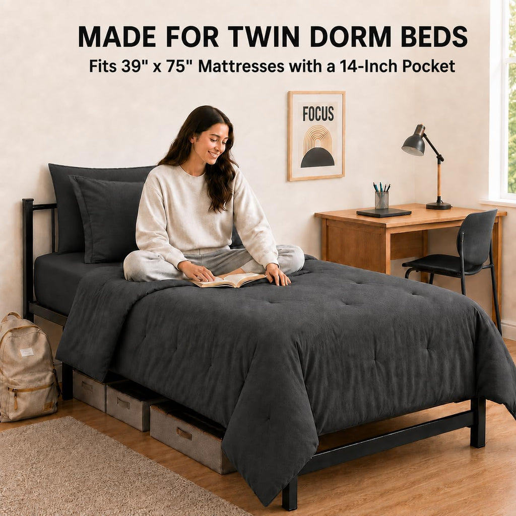 Full Comforter Set, 7-Piece Point-Quilted Bed in a Bag, Dark Grey