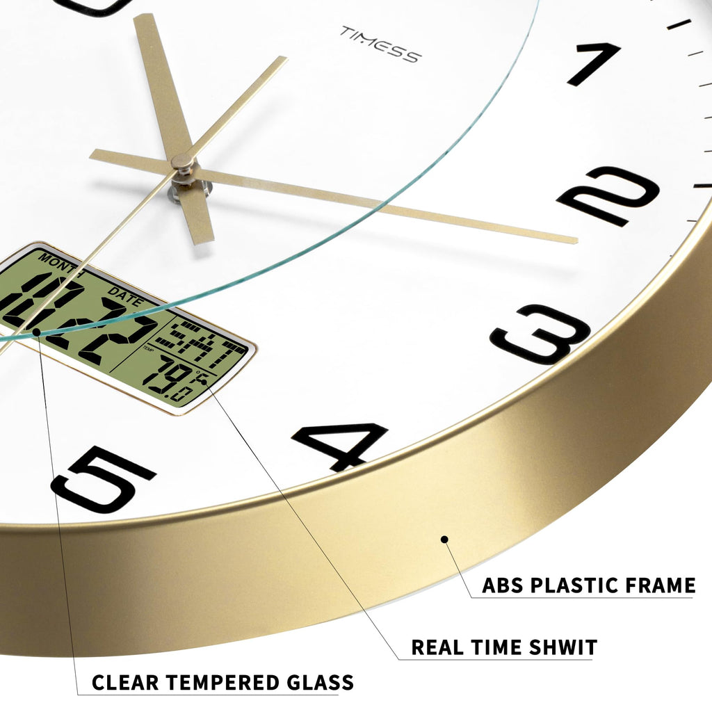 Wall Clock, 14" Large Dial Non-Ticking Silent Battery Operated Analog with LCD Display for Perpetual Calendar and F°