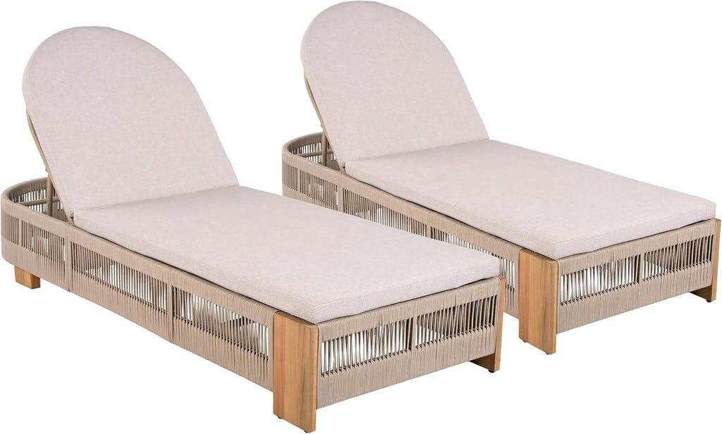 Patio Chaise Lounge Chair Set of 2, Patio Outdoor Acacia Wood Chaise Lounge with Cushions, Adjustable Backrest