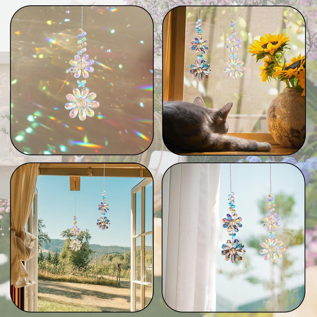 2 PCS Crystal Flower Sun Catcher Prisms Colorful Suncatcher Hanging Ornament Crystals Sunflower Rainbow Maker