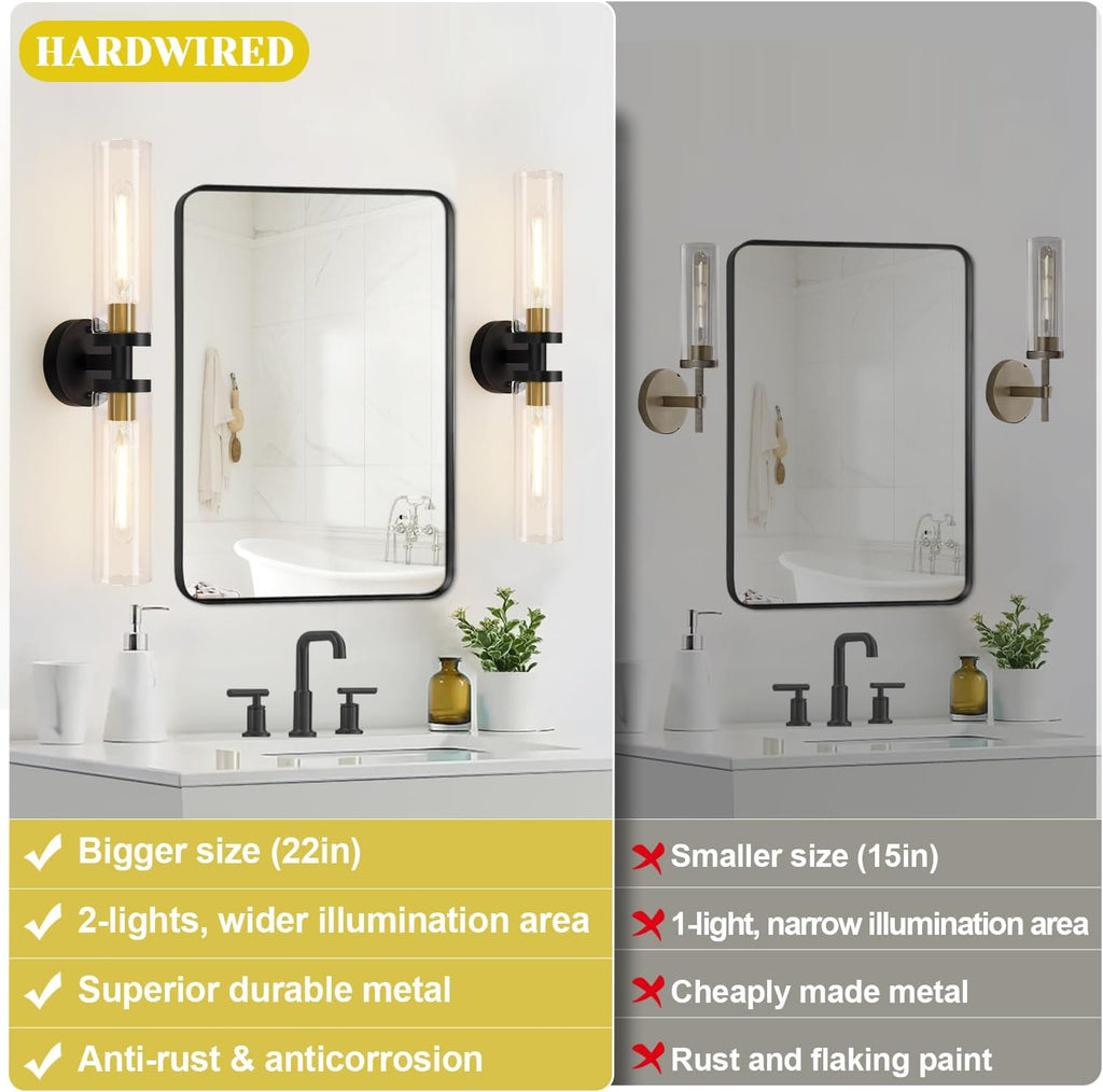 Hardwired Wall Sconces Set of Two, 22" Black and Gold Bathroom Sconces with Clear Glass, Modern Sconces Wall Decor