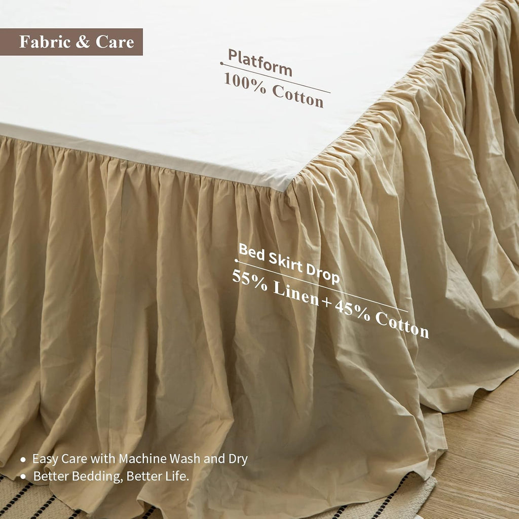 French Linen Bed Skirt with Pleated Frills 18-Inch Tailored Drop Natural Flax Cotton Blend Dust Ruffle Soft Cozy