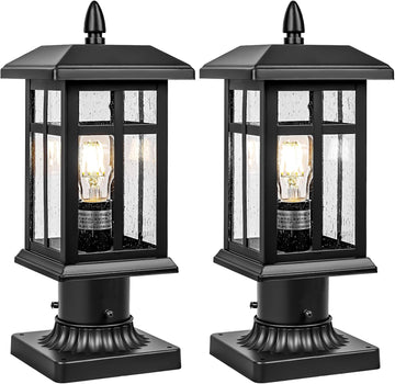 2 Packs Outdoor Post Light, Black Pole Lantern Lighting Fixture with Pier Mount Base