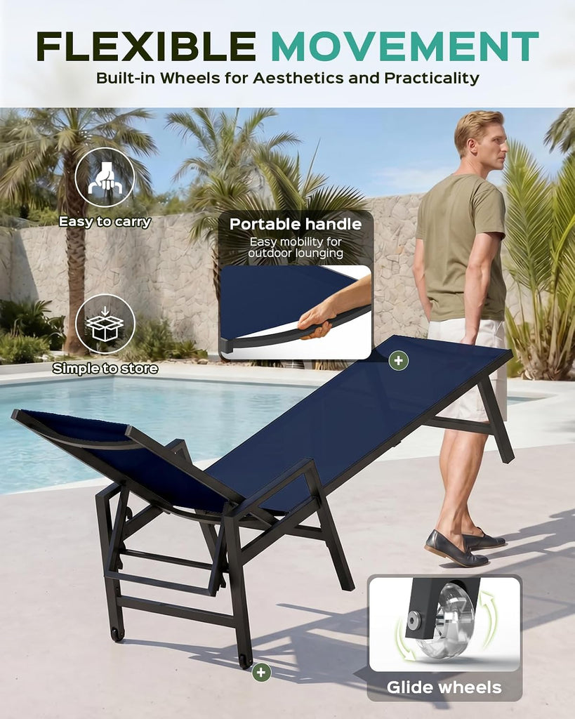 Patio Chaise Lounge Chair Outdoor with Wheels&Armrests, Aluminum Pool Lounge Chairs 5-Position Adjustable Recliner