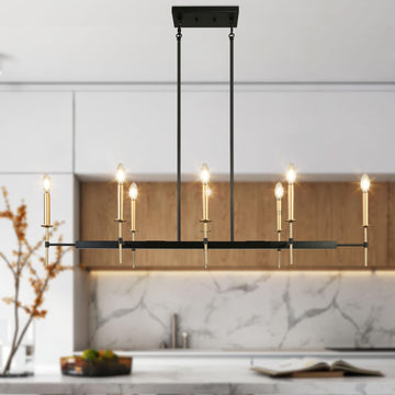 Black and Gold Chandelier, Modern Linear Dining Room Chandelier Light Fixture, Large 48.5" 8-Light Kitchen Island