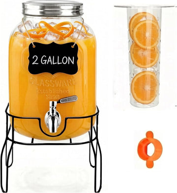 2 Gallon Glass Beverage/Drink Dispenser with Stand, Lid & Ice Core | Leakproof 18/8 Stainless Steel Spigot | Mason