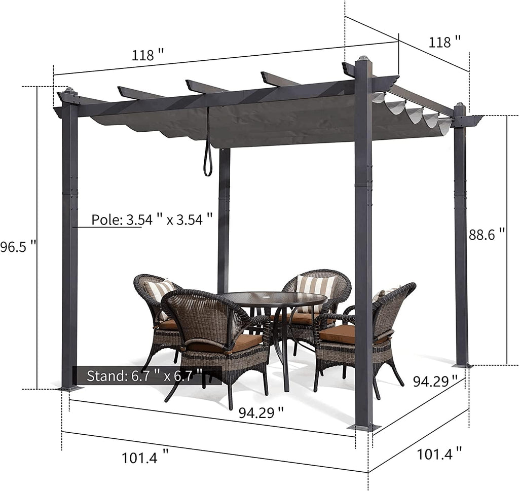 10' X 10' Outdoor Retractable Pergola with Sun Shade Canopy Patio Metal Shelter for Porch Garden Pavilion Grill Gazebo