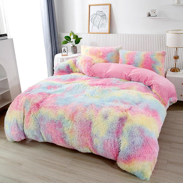 Pink Plush Shaggy Bedding Sets 3 Piece Fluffy Faux Fur Girls Comforter Set Soft Tie Dye Velvet Furry Rainbow