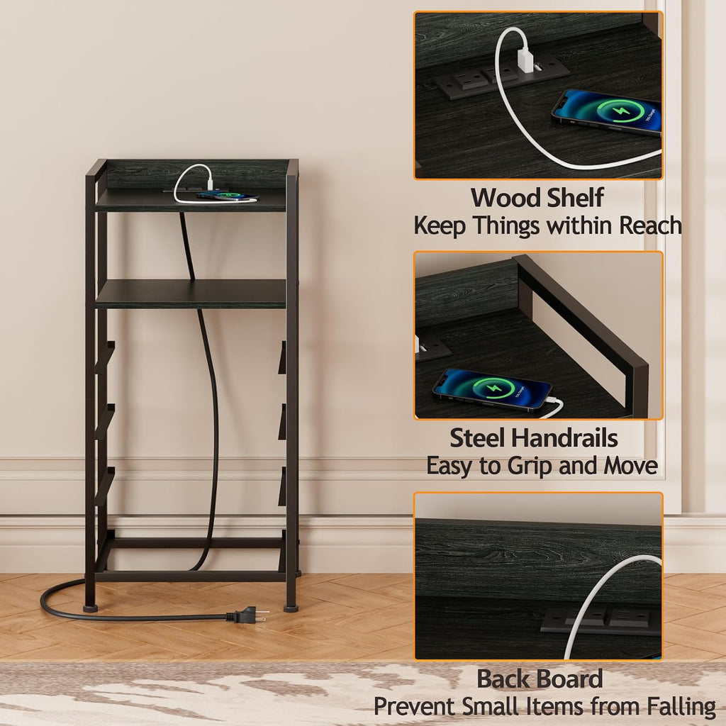 Night Stand with Charging Station, Black Nightstand with Drawers and Led Light, Tall Dresser , Bedside Table with