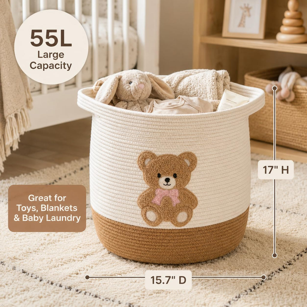 Teddy Bear Nursery Basket, Cotton Rope Baby Laundry Hamper with Handles