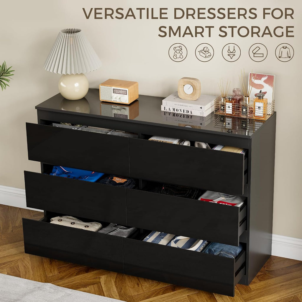 6 Drawer Dresser , 47" Wide Black Wood Chest for Storage | Multi-Functional Storage Organizer, Modern High Gloss