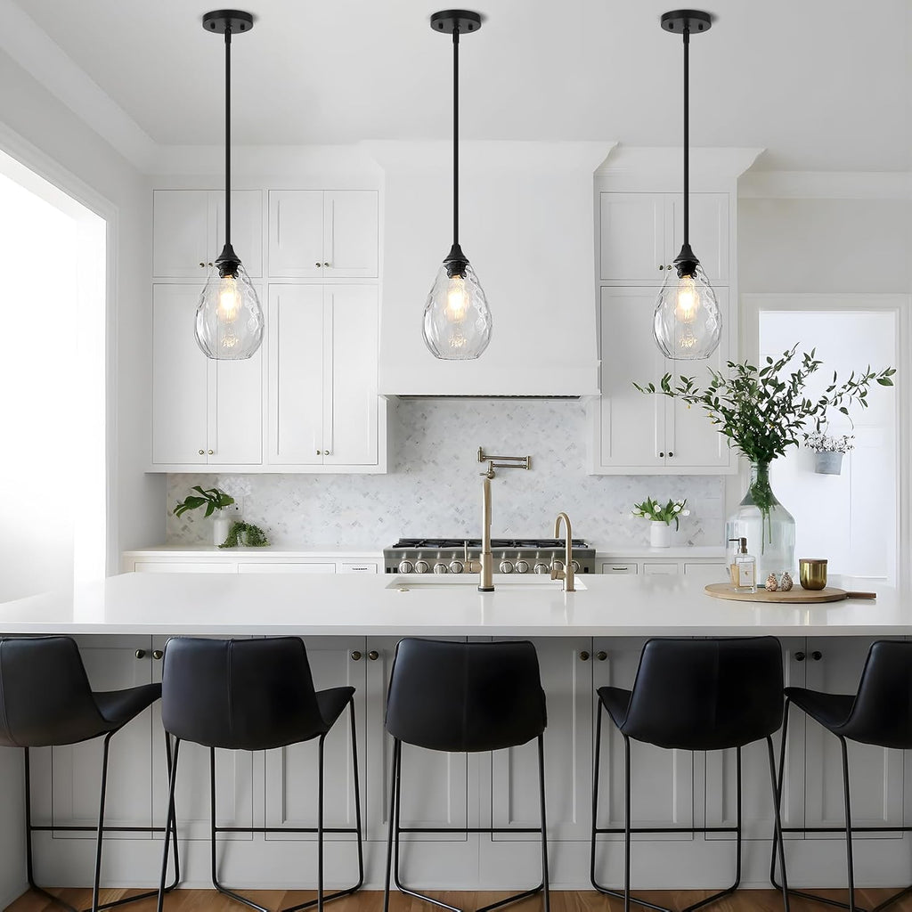 Glass Pendant Lights Kitchen Island, 1-Light Modern Black Pendant Light Fixtures with Hammered Glass and Rods, Small