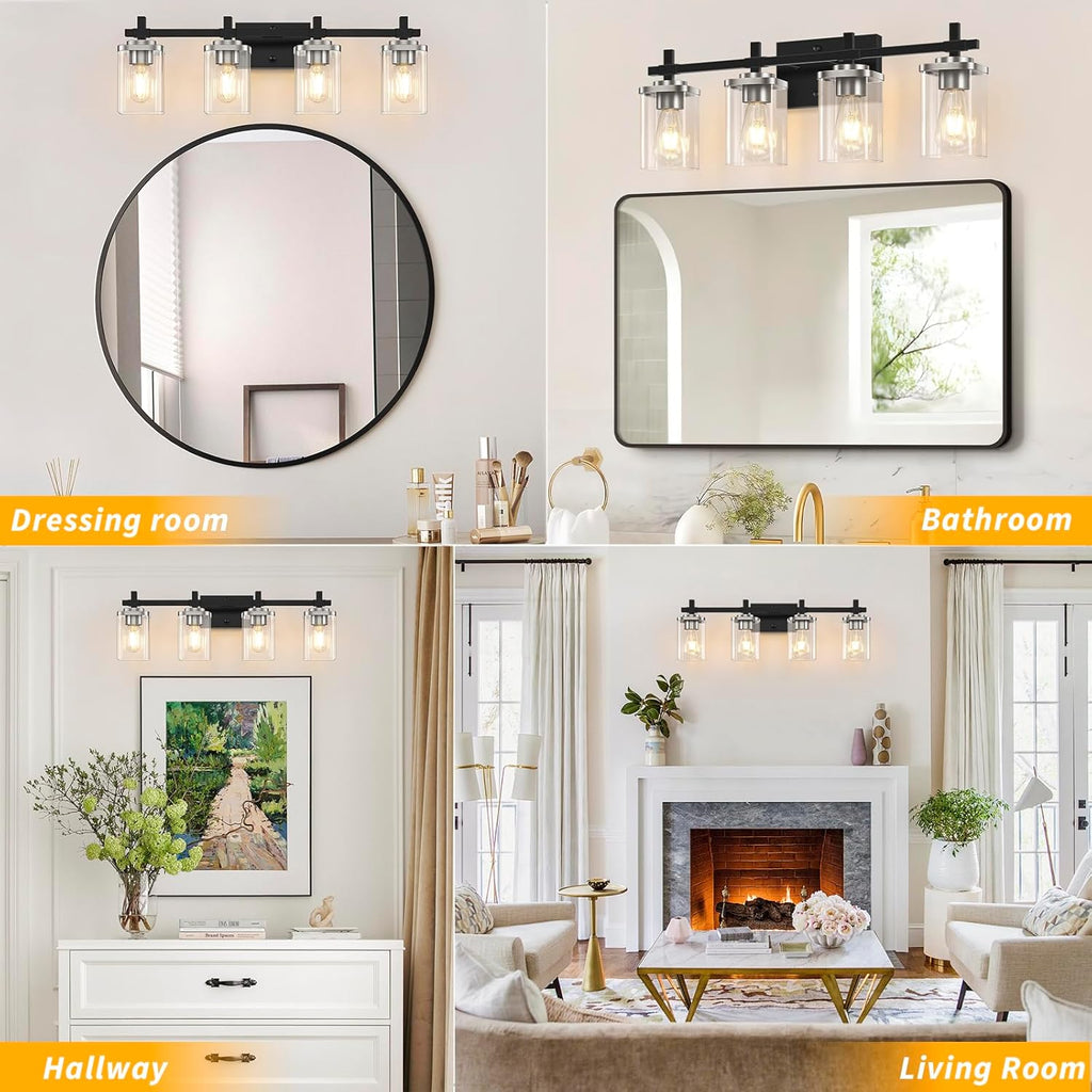 4-Lights Black and Brushed Nickel Vanity Lights with Clear Glass Shade, Bathroom Wall Light Fixtures, 30.3 Inch Large