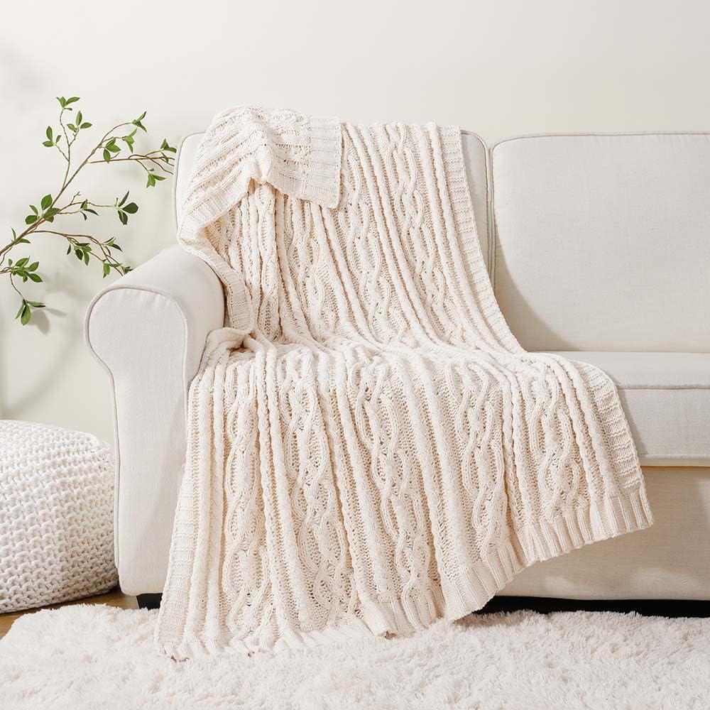 Cream White Ivory Throw Blanket, 51x 67 Inch, Woven Chenille Knit Throw Blanket for Chair, Super Soft Warm Decorative