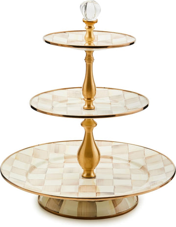 Three-Tier Sweet Stand, Brown-and-White Mocha Check | Hand-painted design, made from enameled steel, three-tiered
