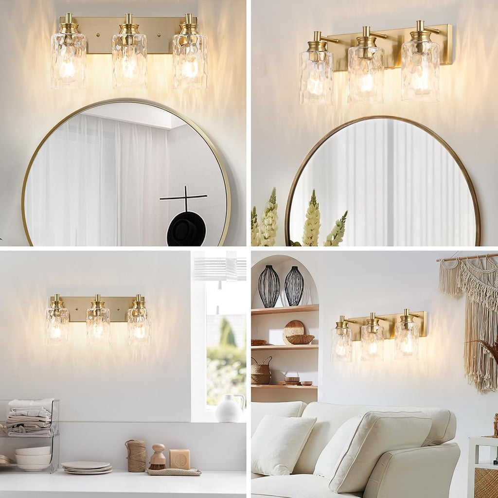 3 Light Bathroom Vanity Light Modern Brushed Gold Bathroom Light Fixtures Over Mirror with Hammered Glass Lampshade