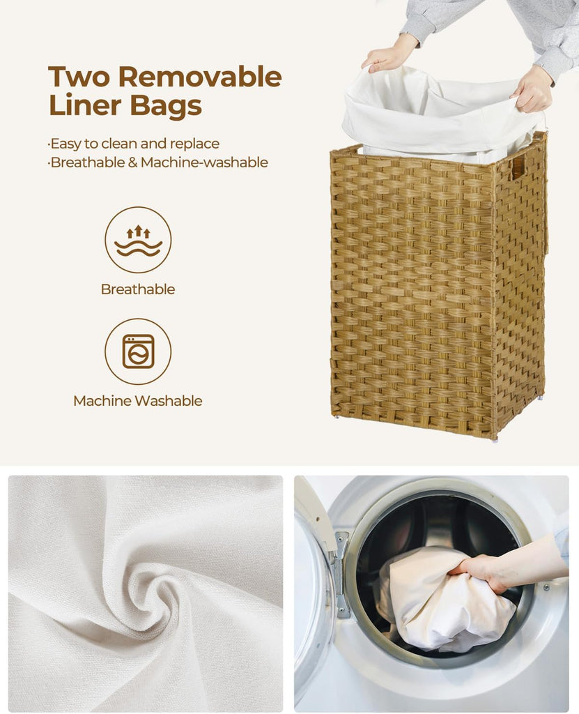 Laundry Hamper with Lid, 60L Clothes Hamper with 2 Removable Liner Bags & 2 Mesh Laundry Bags, Handwoven Synthetic