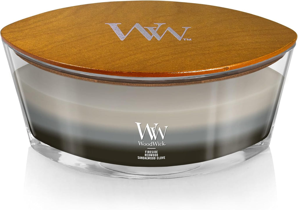 WoodWick Warm Woods Trilogy Holiday Candle Gifts for Women and Men, 16 oz Ellipse Trilogy Candle with Crackling Wick