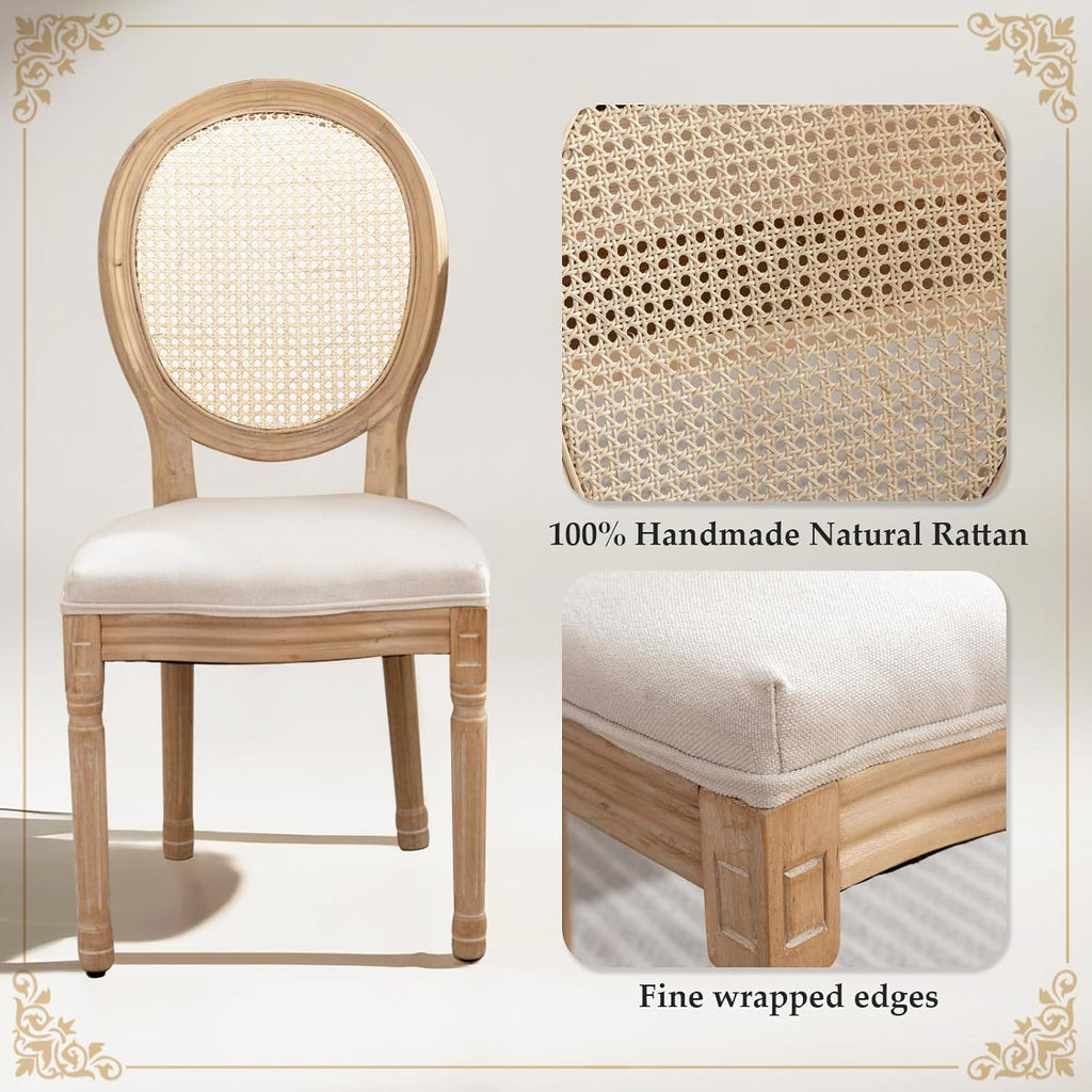 French Country Dining Chairs Set of 4, Farmhouse Rattan Dining Chairs with Round Back for Kitchen or Bedroom, Beige