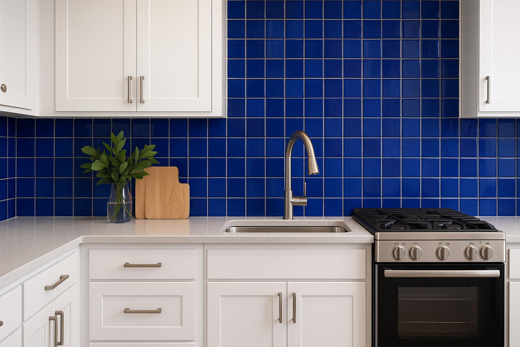 Premium Quality 3x3 Cobalt Blue Square Pattern Porcelain Mosaic Floor Wall Tile on Mesh Mounted Backsplash, Pool