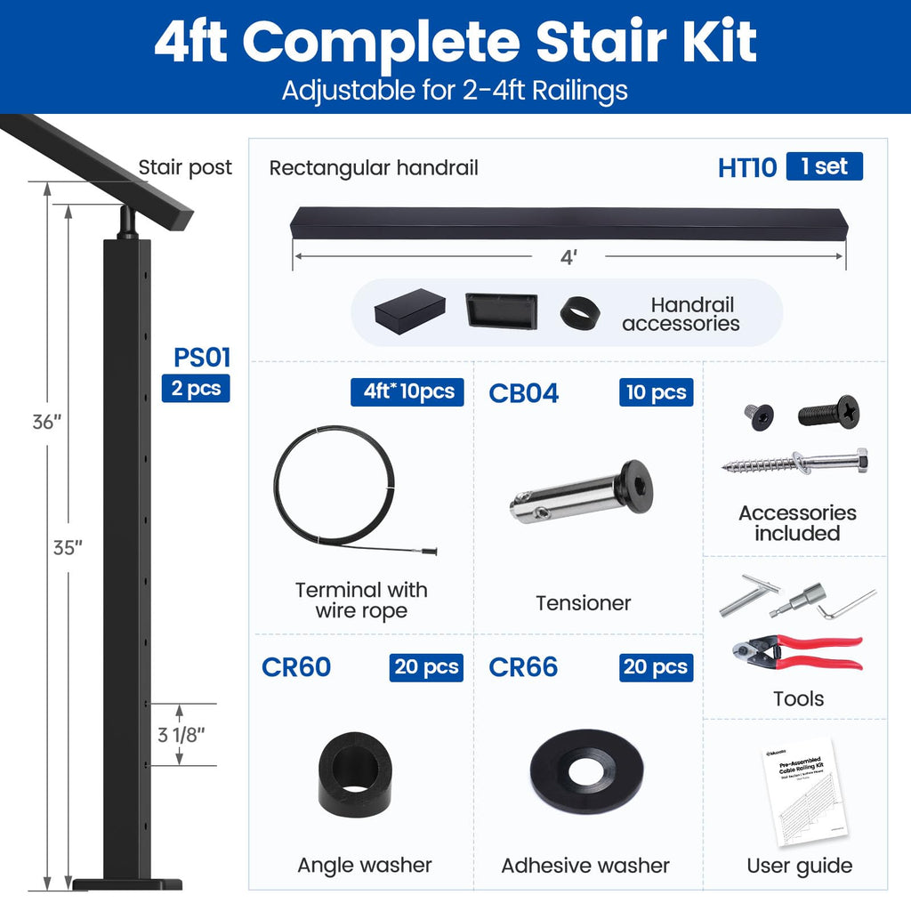 2-4ft Pre-Crimped Complete Cable Railing Kit for Stairs 36in RC09