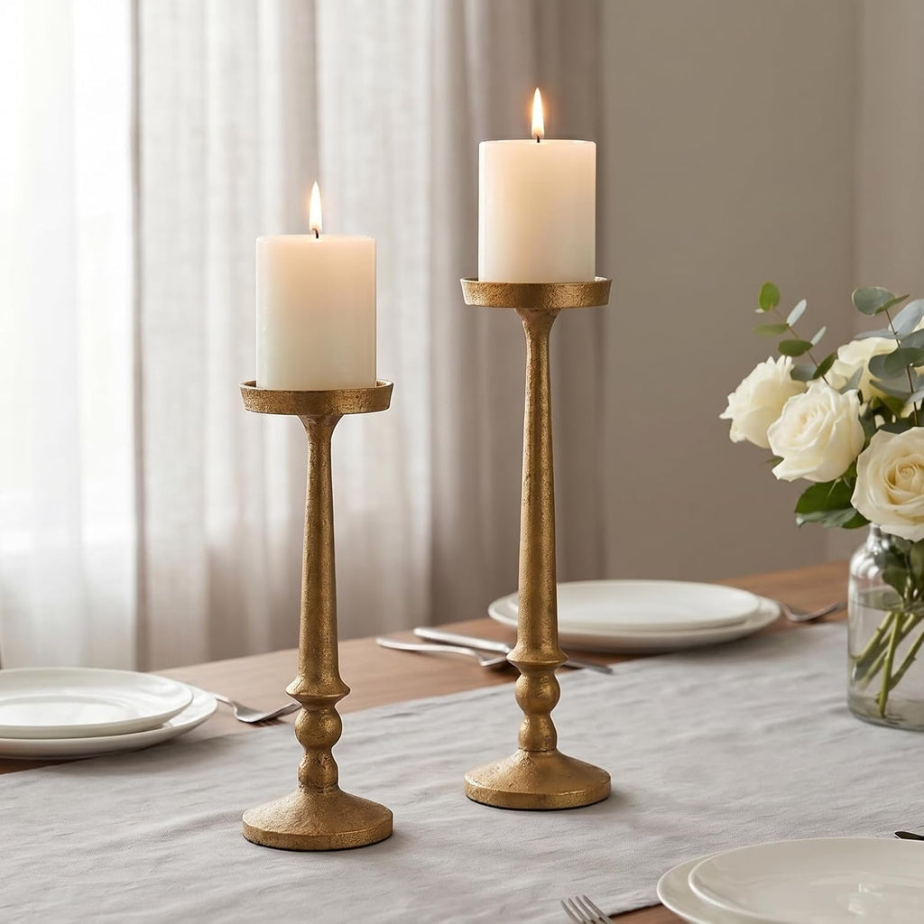 Vintage Iron Pillar Candle Holders Set of 2 12.2" & 10" Tall Candleholders - Rustic Brass Candle Stands - Dining