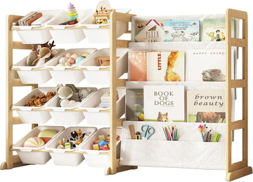 Toy Storage Organizer with Bookshelf, Kids Toy Organizer and Storage Shelf with 12 White Bins, Solid Pine Wood Book