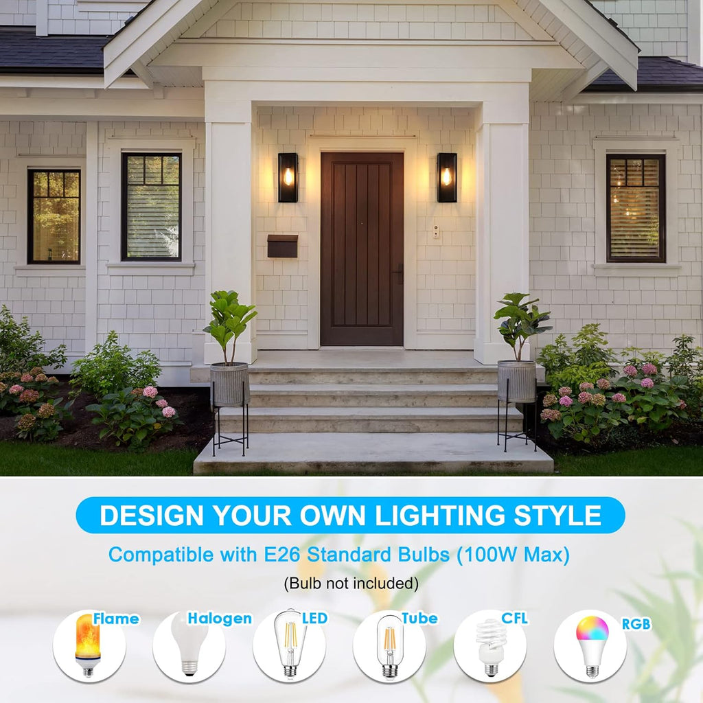 2-Pack Outdoor Wall Lanterns, Exterior Waterproof Wall Sconce with Glass Shades, Matte Black Porch Lights Wall Mounted