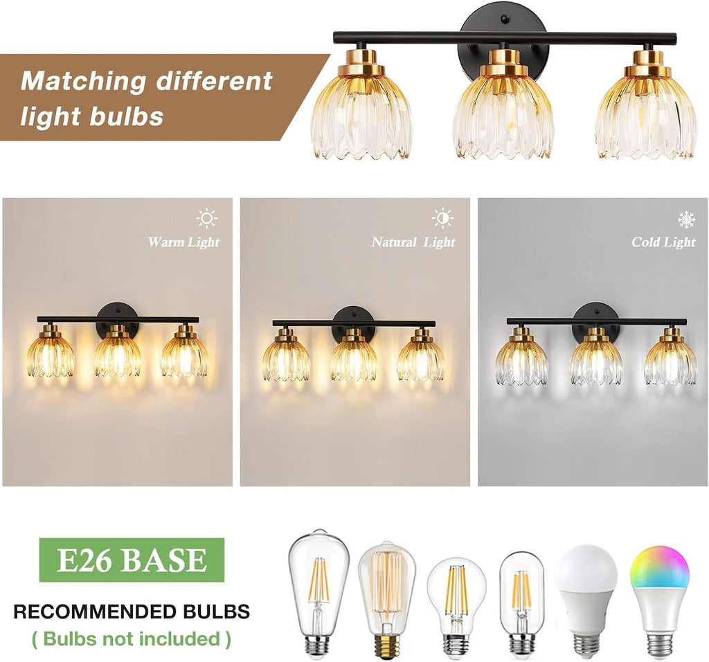 Black Gold 3-Light Bathroom Vanity Light with Amber Tulip GlassShade | Modern Vanity Lighting Fixtures, Bathroom