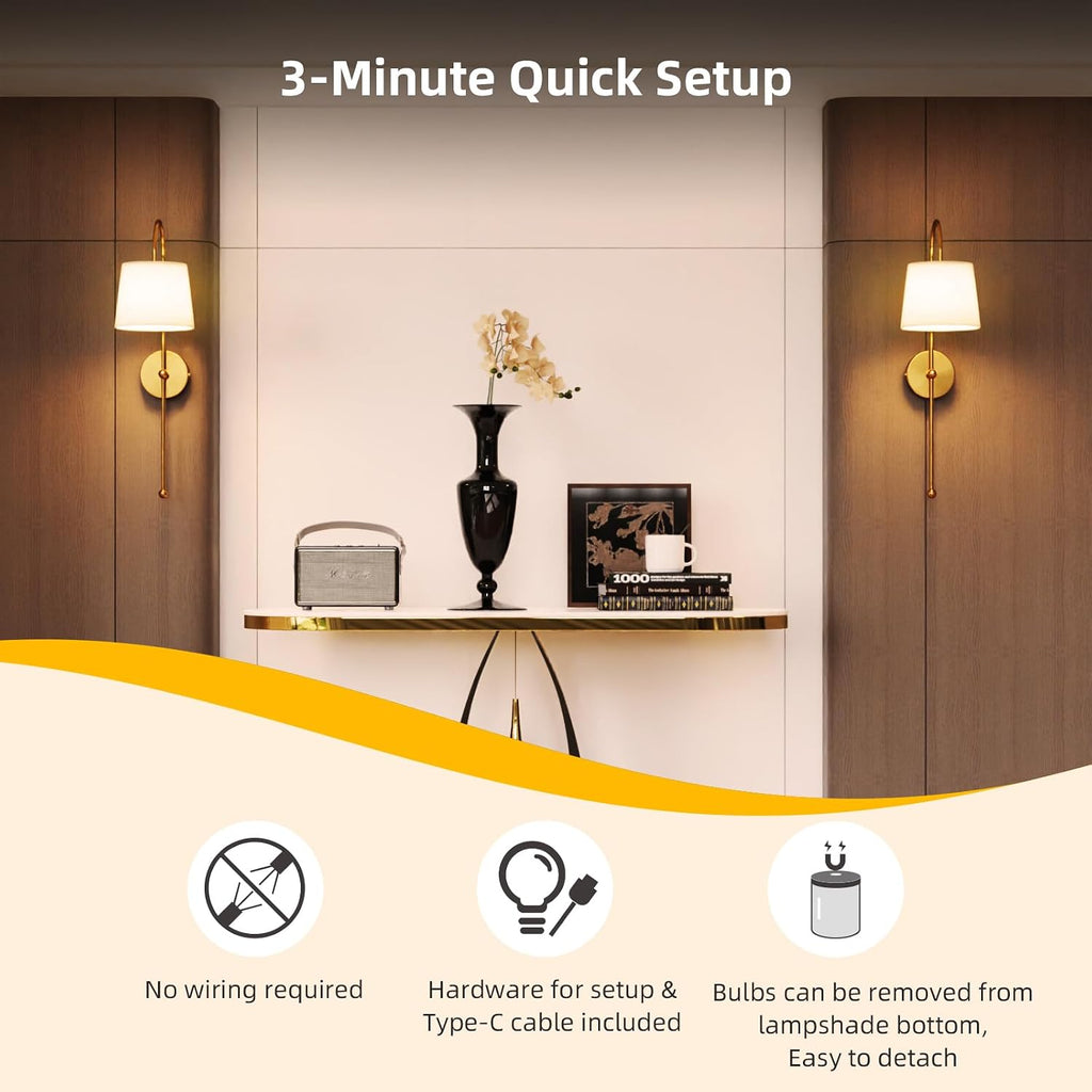 Battery Operated Wall Sconce Set of 2, Rechargeable Wireless Wall Decor Sconces, Two Battery Powered Wall Lights