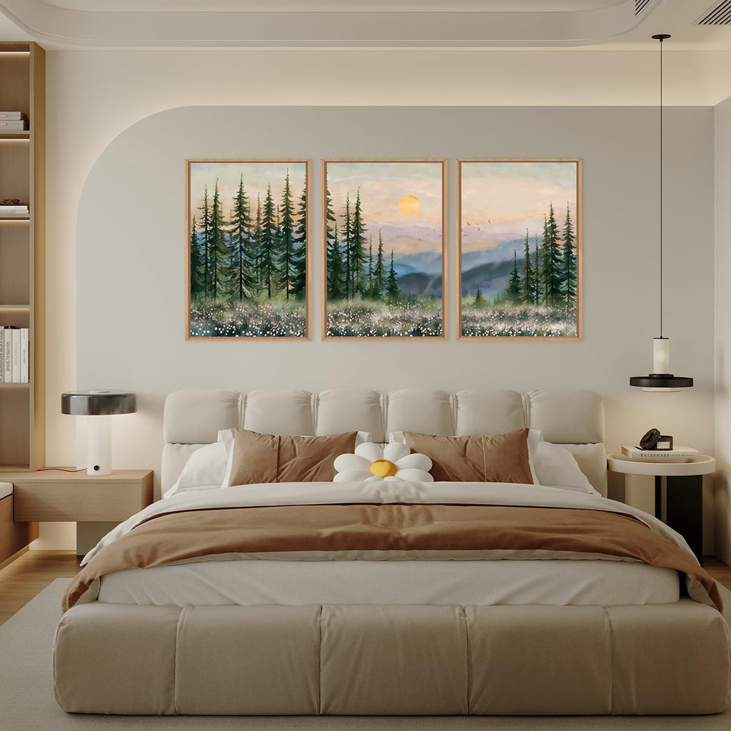 Boho Sunset Forest Framed Canvas Wall Art Set,Natural Green Pine Tree Wall Decor,Modern Watercolor Mountain Landscape