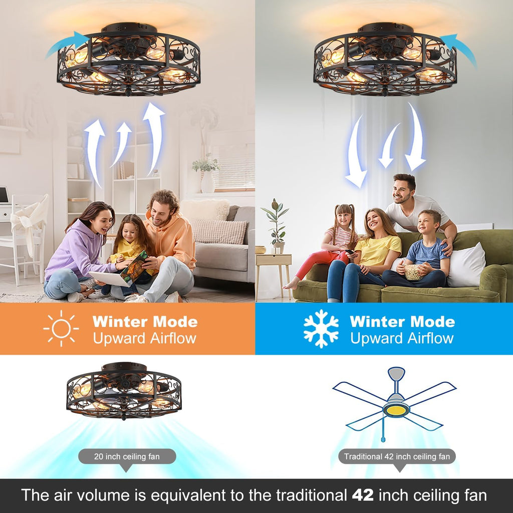 20'' Caged Ceiling Fan with Lights and Remote Control,Small Farmhouse Bladeless Low Profile Ceiling Fans Lights