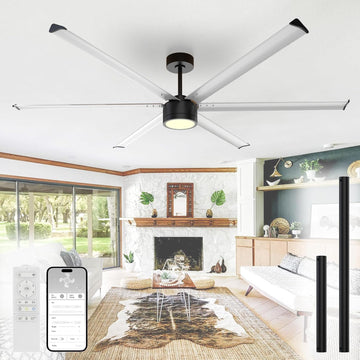84 Inch Industrial Ceiling Fan with Light,2 Downrods,6-Speed,Large Ceiling Fan with Remote and APP,6 Reverisble Aluminum Blades,Outdoor Ceiling Fans for Patios/Shop/Garage/Commercial Silver