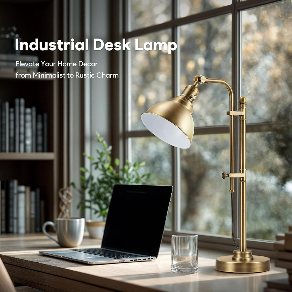 Rustic Desk Lamp Brass Adjustable, Industrial Style Metal Task Lamps 25"-29", Vintage Work Light