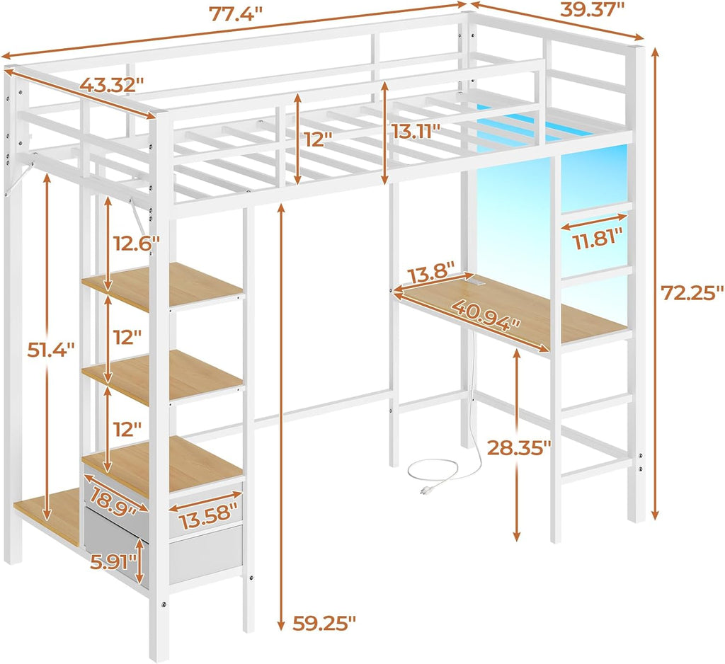 Loft Bed Twin with Desk and Charging Station Metal Loft Bed with Led Lights,Storage Shelves and Drawers Twin Bed with