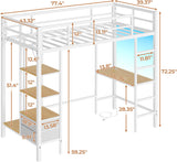 Loft Bed Twin with Desk and Charging Station Metal Loft Bed with Led Lights,Storage Shelves and Drawers Twin Bed with