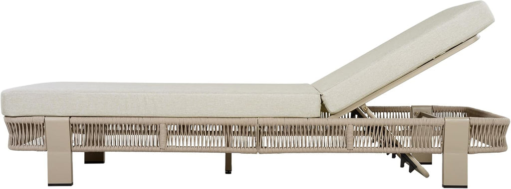 Outdoor Chaise Lounge with Water-Resistant Cushion, 400lbs Capacity, Beige | Metal & Rope Frame, Adjustable Backrest