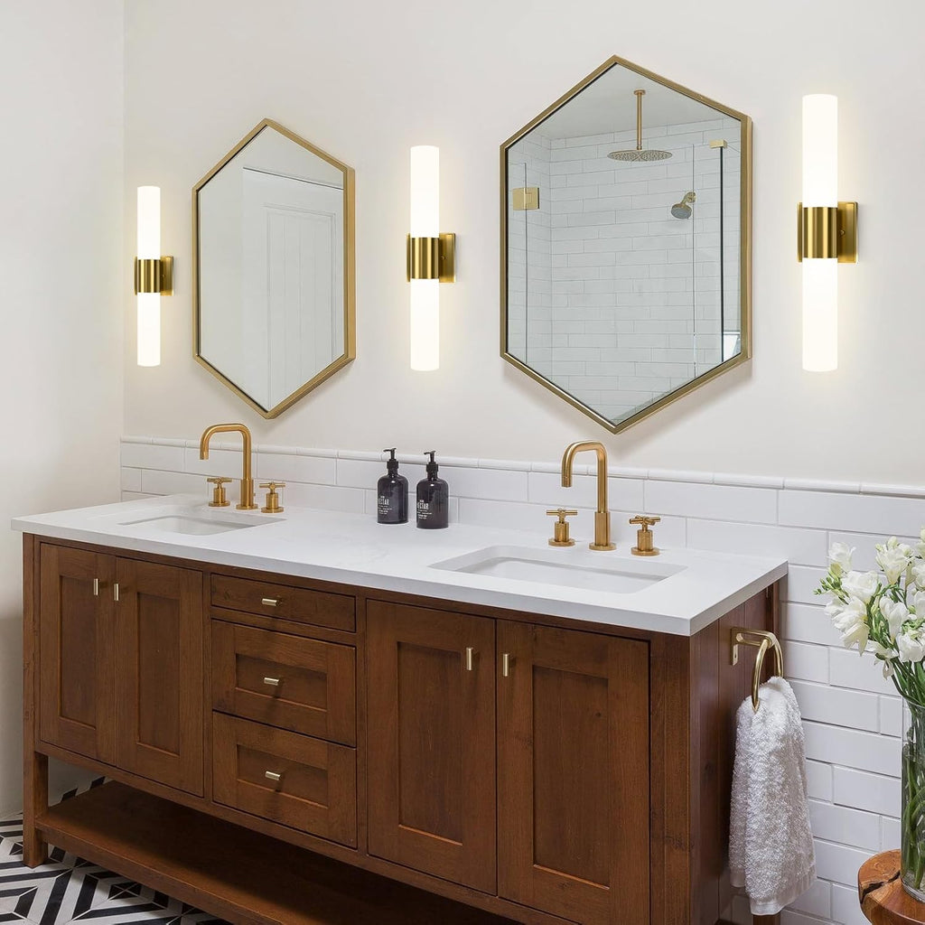 Wall Sconces Set of Two, Modern 21" Vanity, Frosted Glass, Gold | Indoor Wall Light Fixture. , Mirror, Bedroom