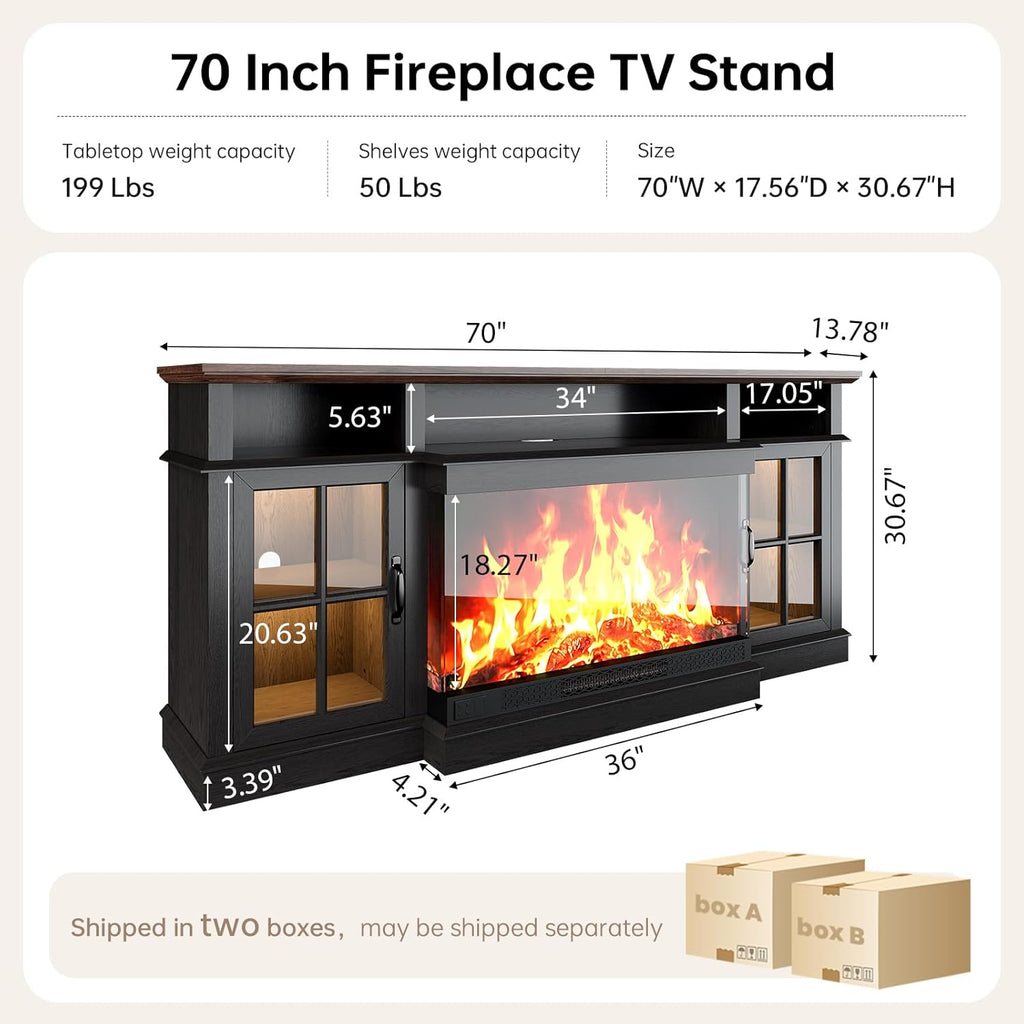 70" Fireplace TV Stand, 3 Sided Glass Modern Entertainment Center for TVs Up to 80", TV Console with Storage