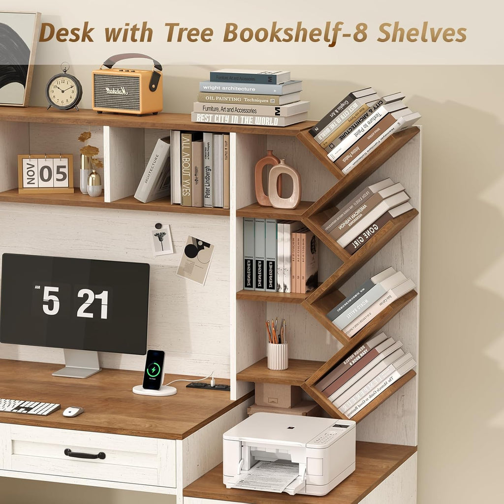 Computer Desk with Hutch & 5 Drawers, Home Office Desk with Storage Shelves and Printer Stand